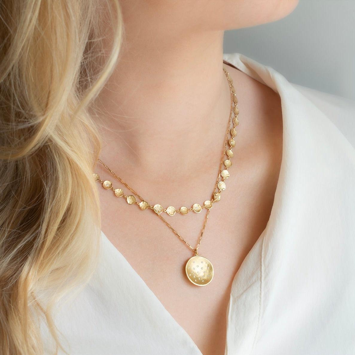 Diamond Spray Mini Hammered Disc Necklace